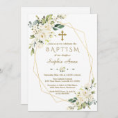 Luxe Witte Bloemen Gouden Kruis Frame Doop Kaart (Voorkant / Achterkant)