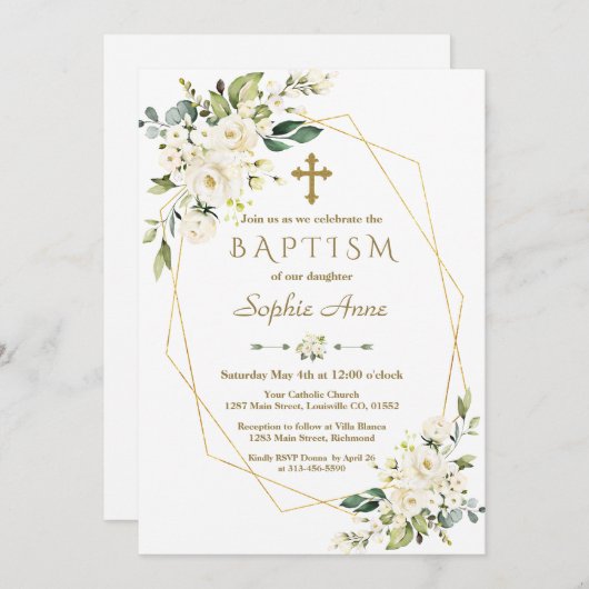 Luxe Witte Bloemen Gouden Kruis Frame Doop Kaart (Voorkant / Achterkant)