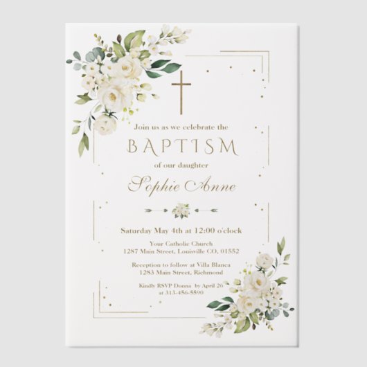Luxe Witte Bloemen Gouden Lijst Meisje Doop Vellum Uitnodigingen (Voorkant)