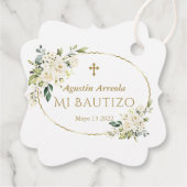 Luxe Witte Bloemen Gouden Mi Bautizo Bedankjes Labels (Achterkant)