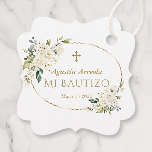 Luxe Witte Bloemen Gouden Mi Bautizo Bedankjes Labels (Achterkant)