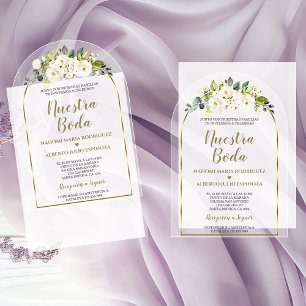 Luxe Witte Bloemen Gouden Spaanse Nuestra Boda Acryl Uitnodigingen