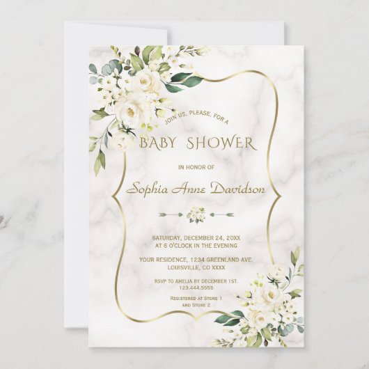Luxe witte crème bloemen gouden marmer baby shower kaart (Voorkant)