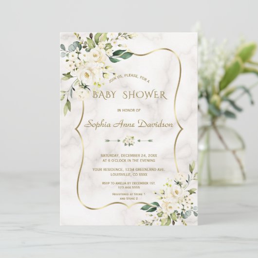 Luxe witte crème bloemen gouden marmeren babyshowe kaart (Staand voorkant)