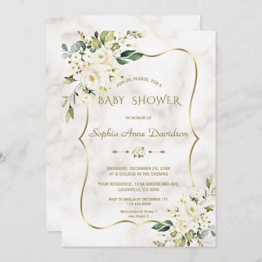 Luxe witte crème bloemen gouden marmeren babyshowe kaart (Voorkant / Achterkant)