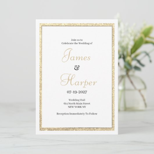 Luxe witte elegante gouden glitter bruiloft kaart (Staand voorkant)