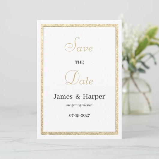 Luxe witte elegante gouden glitter Save the Date Kaart (Staand voorkant)