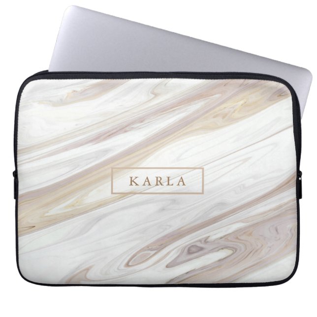 Luxe witte en beige marmertextuur laptop sleeve (Voorkant)