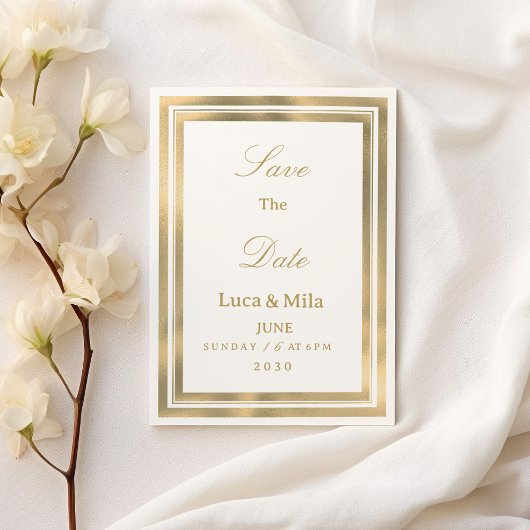 Luxe witte gouden geometrische lijst Save the Date Kaart