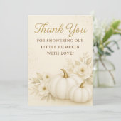 Luxe Witte & Gouden Pompoen Baby Shower Bedankt (Staand voorkant)