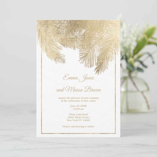 Luxe witte goudpalm tropische bruiloft kaart (Staand voorkant)