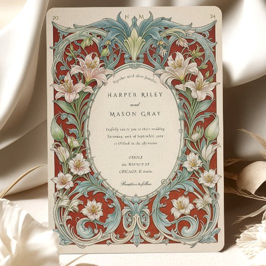 Luxe witte lelies art nouveau bruiloft kaart