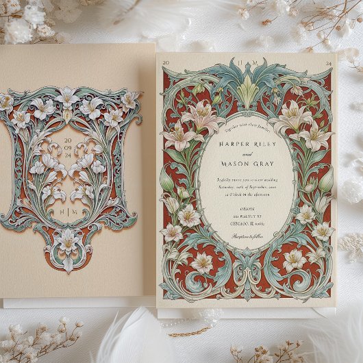 Luxe witte lelies art nouveau bruiloft kaart