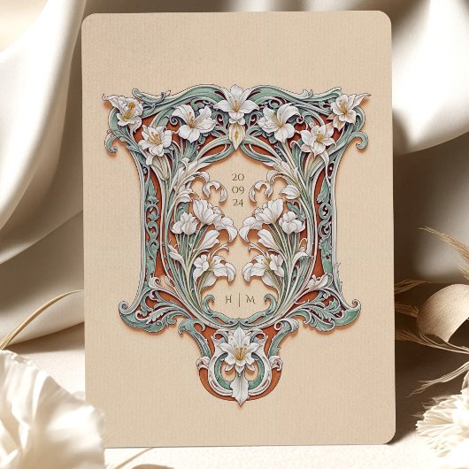 Luxe witte lelies art nouveau bruiloft kaart