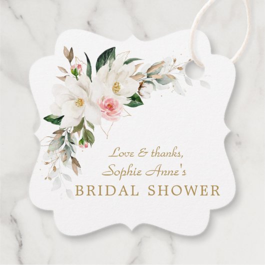 Luxe Witte Magnolia Roze Bloem Bruidsdouche    Bedankjes Labels (Achterkant)