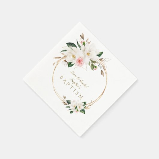Luxe Witte Magnolia Roze Bloem Goud Doop  Servet (Hoek)