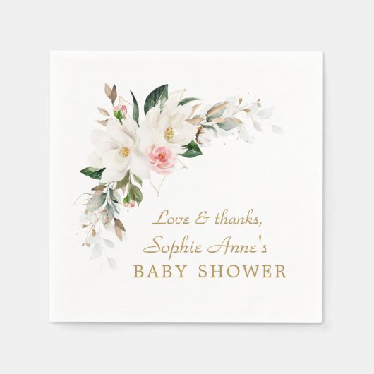 Luxe witte magnolia roze bloemen baby shower    servet (Voorkant)