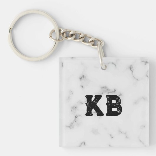 Luxe witte marmer textuur aangepast monogram sleutelhanger (Voorkant)