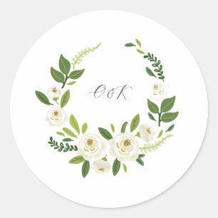 Luxe witte roos bloemstuk lijst ronde sticker