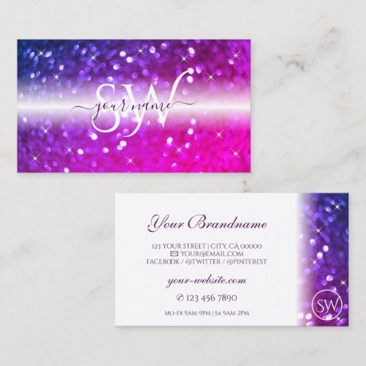 Luxe witte roze Paarse sparkle Glitter Monogram Visitekaartje (Voorkant / Achterkant)