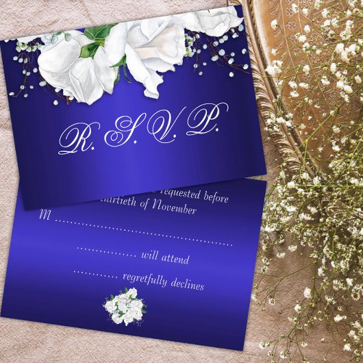 Luxe witte rozen en donkerblauwe RSVP-kaart RSVP Kaartje