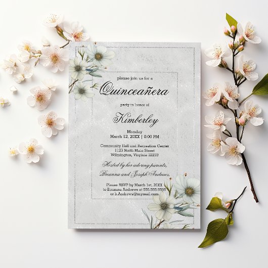 Luxe witte zilveren glitter bloemenquinceañera kaart