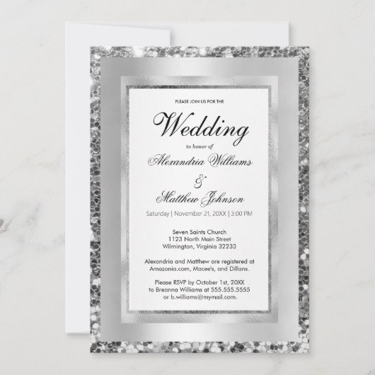 Luxe witte zilveren pailletten lijst elegante brui kaart (Voorkant)