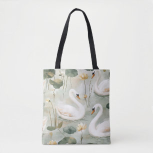 Luxe witte zwaan en waterlelie aquarel canvas tote bag