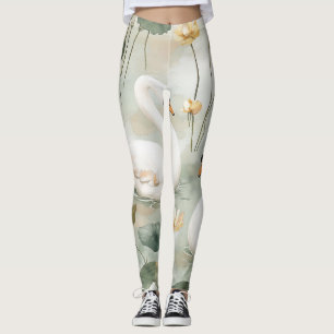 Luxe Witte Zwaan en Waterlelie Aquarel Kunst L Leggings