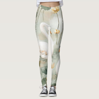 Luxe Witte Zwaan en Waterlelie Aquarel Kunst L Leggings