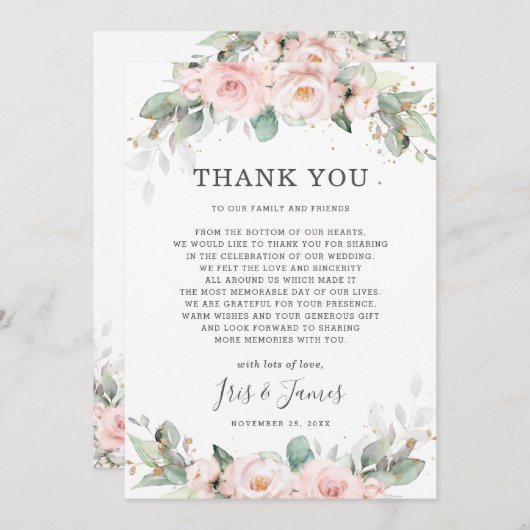 Luxe Zachte Hued Blush Roze Bloemen Groen Bruiloft Bedankkaart (Voorkant / Achterkant)