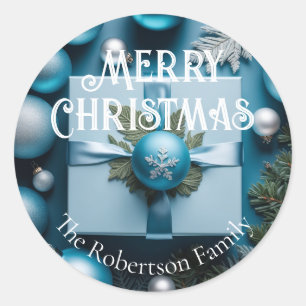 Luxe Zachte Lichtblauwe & Zilveren Kerstcadeaus Ronde Sticker
