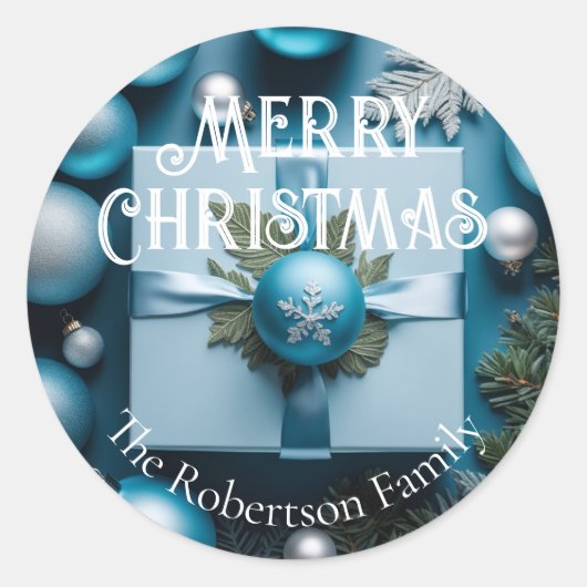 Luxe Zachte Lichtblauwe & Zilveren Kerstcadeaus Ronde Sticker (Voorkant)