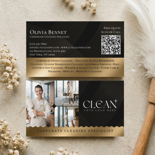 Luxe Zakelijke Schoonmaak QR Code Zwart Goud Visitekaartje