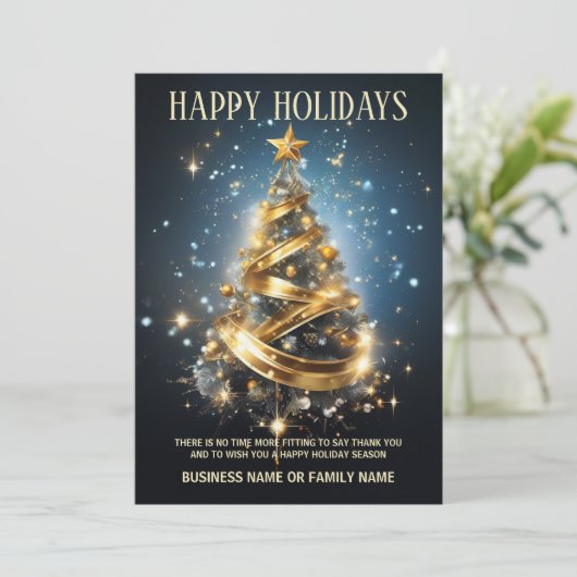 Luxe zaken kerst blauw goud foto logo DIY Feestdagenkaart (Staand voorkant)