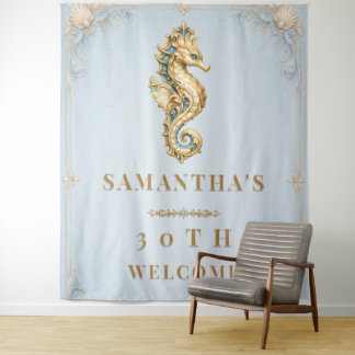 Luxe zeepaard vintage strand verjaardag signage wandkleed