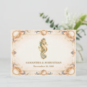 Luxe zeepaardje vintage strand bruiloft kaart (Staand voorkant)