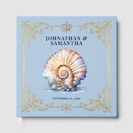 Luxe zeeschelp Blauwe gouden strandbruiloft Gastenboek
