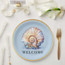 Luxe zeeschelpen thema blauw goud strand picknick papieren bordje