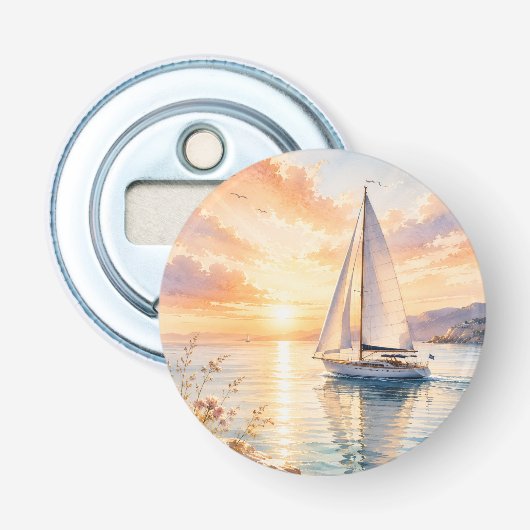 Luxe zeilboot bij zonsopgang Aquarel Button Flesopener (Voorkant)