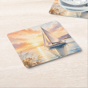 Luxe zeilboot bij zonsopgang Aquarel  Kartonnen Onderzetters
