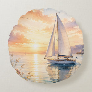 Luxe zeilboot bij zonsopgang Aquarel  Rond Kussen