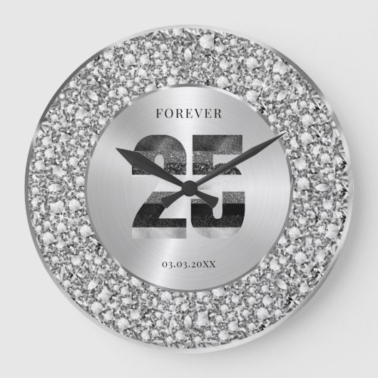 Luxe Zilver 25e Verjaardag Zwart & Grijs Glitters Grote Klok (Voorkant)