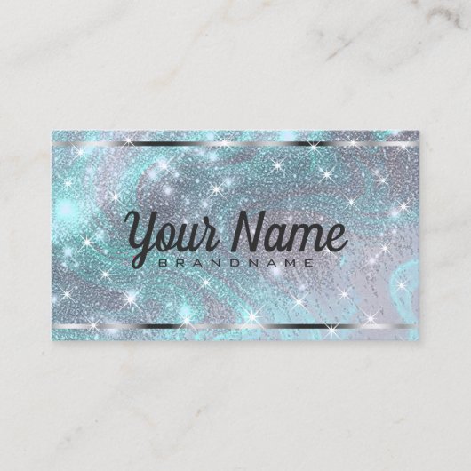 Luxe zilver Blauwgroen gemarmerde glitter glanzend Visitekaartje (Voorkant)
