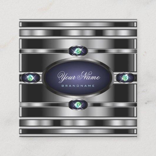 Luxe Zilver Effect Donkerblauw Faux Strass Vierkante Visitekaartje (Voorkant)