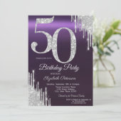 Luxe Zilver Glitter Drips Paars 50ste  Kaart (Staand voorkant)