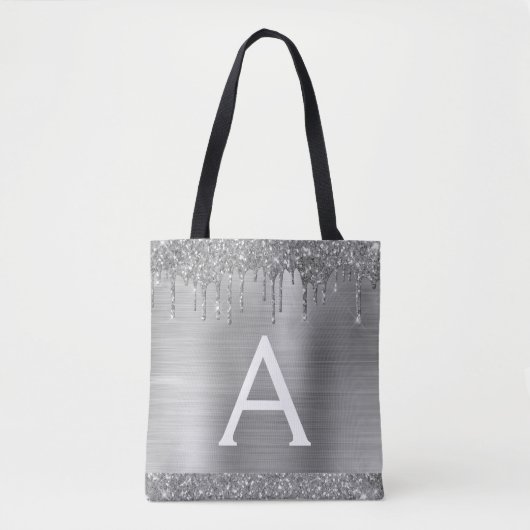 Luxe Zilver Glitter Glans Elegante Monogram Tote Bag (Voorkant)