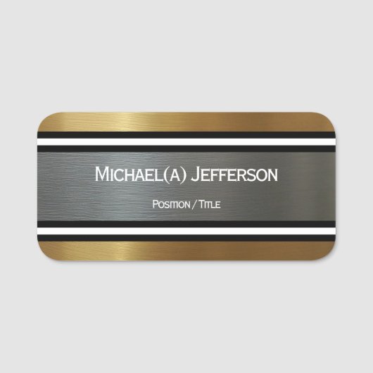 Luxe Zilver & Goud Geborsteld: Zwart Wit Gestreept Naamplaatje (Voorkant)