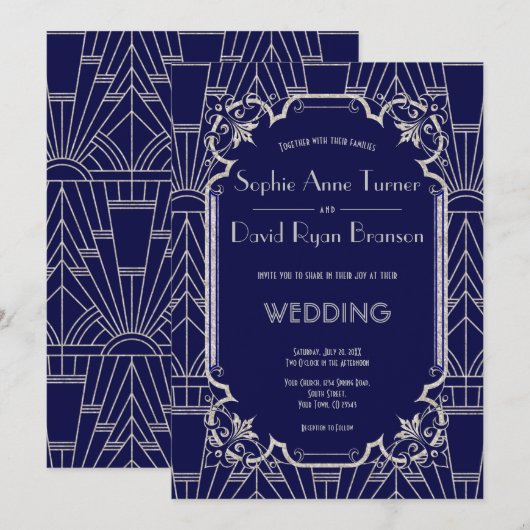 Luxe Zilver Marineblauw Great Gatsby Jaren 20 Trou Kaart (Voorkant / Achterkant)