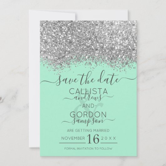 Luxe Zilver Neo Mint Glitter Confetti Bruiloft Save The Date (Voorkant)